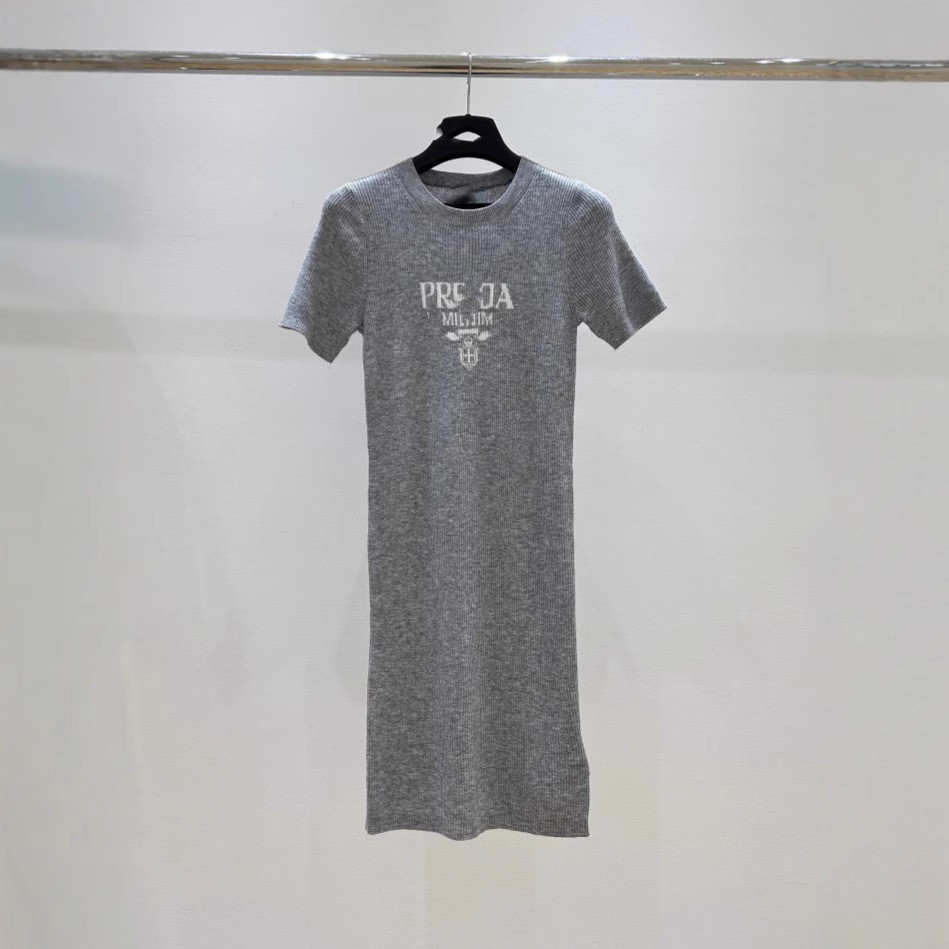 MOK6 PRA Slimming Gray Retro Wool Short Sleeve Round Neck Letter Crochet Micro Label Jacquard Knitte