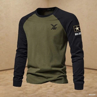 สไตล์ทหาร แร็กแลน แขนแขนยาวเสื้อยืดทหารสีเขียวสีดําเย็บปะติด…