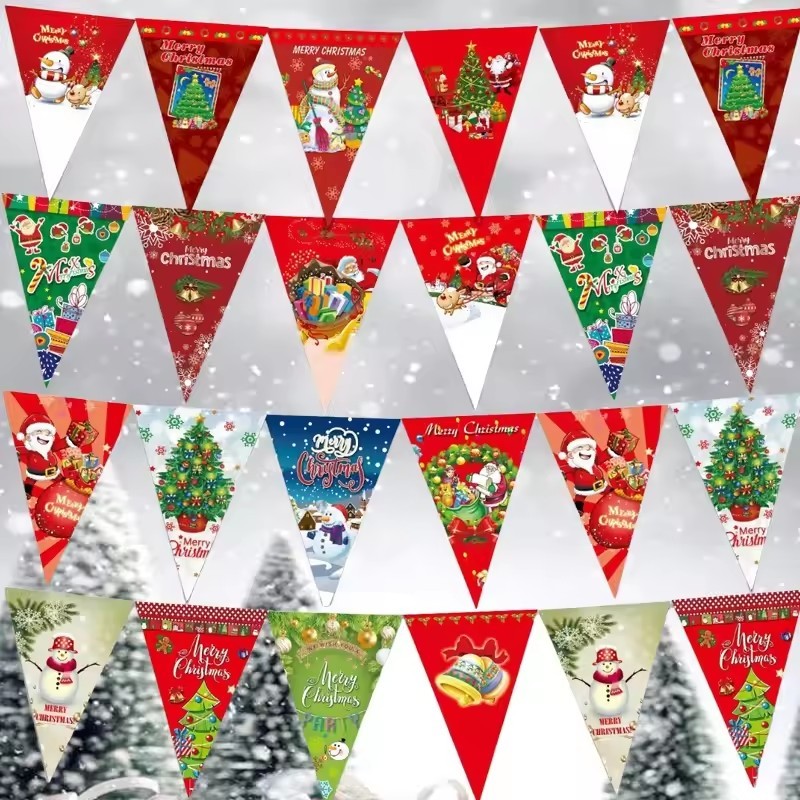 เทศกาลคริสต์มาสปาร์ตี้เตาผิงเพดานตกแต่งธงสามเหลี่ยมจี้แบนเนอร์-คริสต์มาสธีมแขวนธงสตริง