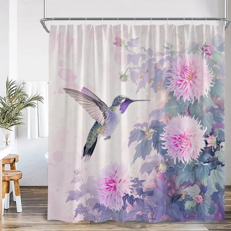 Hummingbird Purple Flower Shower Curtain Green Plants Floral Bathroom Decor Modern Polyester Fabric 