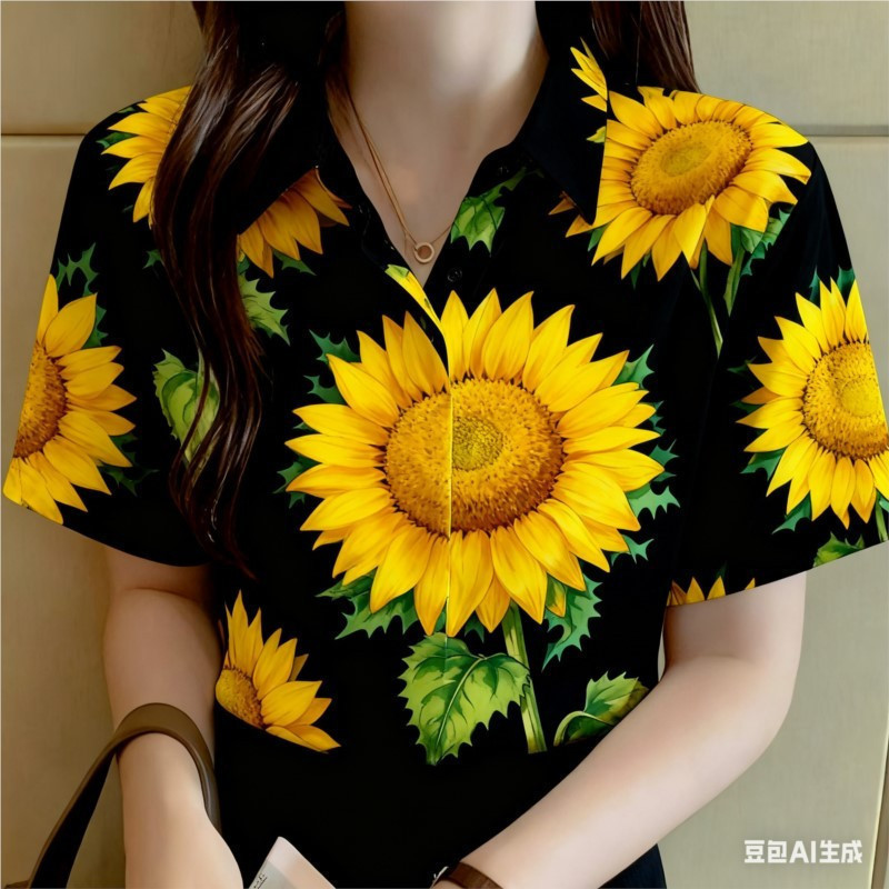 เสื้อแขนสั้นสไตล์โอเวอร์ไซズสำหรับผู้หญิง พิมพ์ลายดอกไม้และกราฟฟิตี้ สีดำ เหมาะสำหรับใส่ลำลอง ราคา ถูกที่สุด ดีลบีเคเค แกลเลอรีภาพที่ 4