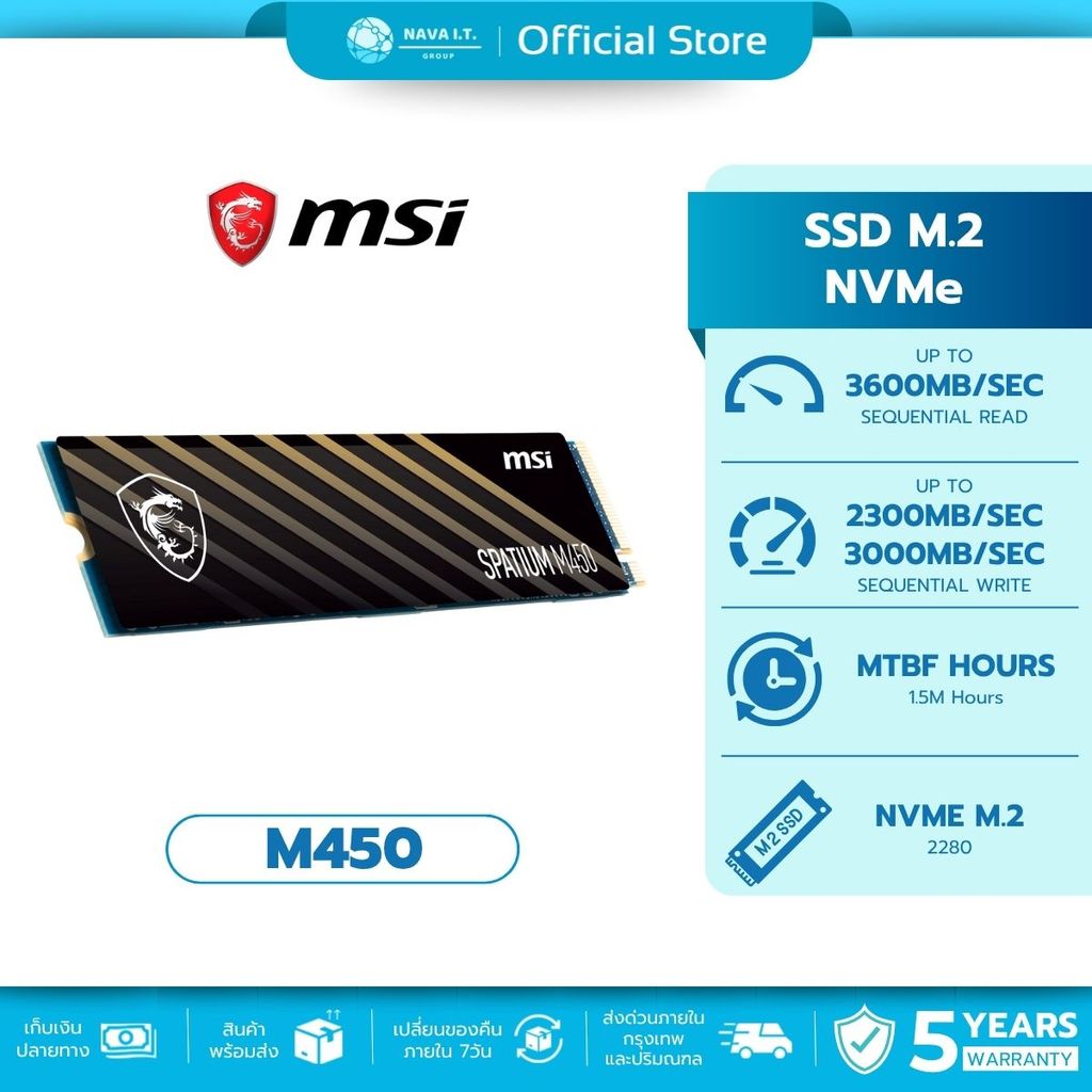 🛵มีส่งด่วน💨 MSI SSD SPATIUM M450 500GB/1TB PCIe 4.0 NVMe M.2 รับประกัน 5 ปี
