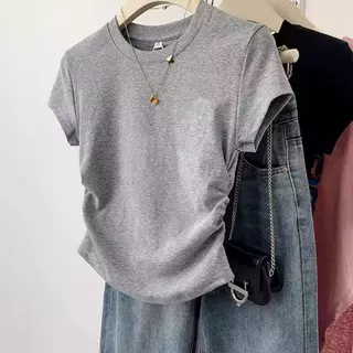 เสื้อยืดผู้หญิงผ้าฝ้าย แขนสั้น คอกลม สีขาว-ดำ-น้ำเงิน-เทา เสื้อยืดผ้าฝ้าย แขนสั้น