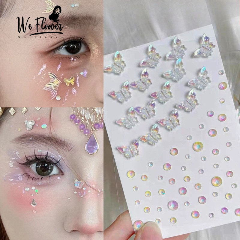 เราดอกไม้ 1 แผ่น Glittery ผีเสื้อ Face Gems สติกเกอร์สําหรับผู้หญิงหญิง Self กาวแต่งหน้า Rhinestone สติกเกอร์ Face Jewels DIY Decor