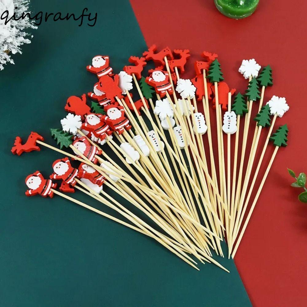 CRANK 100 ชิ้น/เซ็ตไม้จิ้มฟันคริสต์มาสพื้นผิวเรียบทิ้งผลไม้คริสต์มาส Sticks, มัลติฟังก์ชั่นไม่ง่ายที่จะทําลายไม้ไผ่ Skewer ส้อมเค้ก