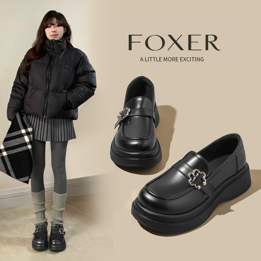 FOXER รองเท้าโลฟเฟอร์ผู้หญิงสไตล์อังกฤษ ส้นสูง 5 ซม. หนา สวมใส่สบาย เหมาะสำหรับการทำงานและการเดินทาง