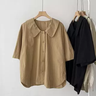 ‌[เสื้อเบลาส์โอเวอร์ไซส์] (40-150kg) เสื้อเบลาส์ผ้าลินิน แขนสั้น ทรงหลวม คอปกตุ๊กตา ผู้หญิง เสื้อฤดูร้อน พลัสไซส์ ธรรมดา