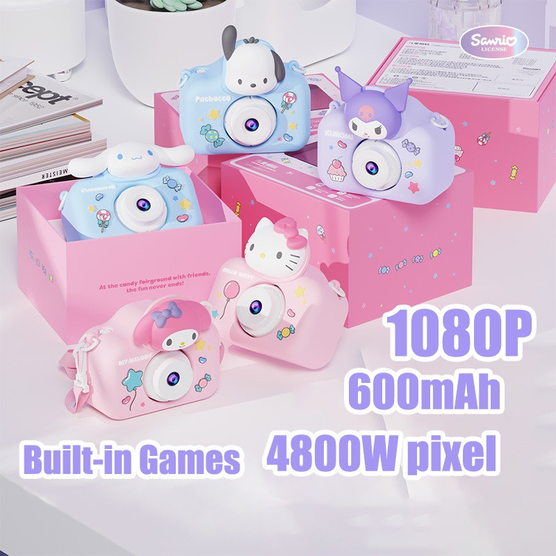 เด็กกล้องดิจิตอล 4800W พิกเซล Sanrio Kuromi Melody 1080P HD กล้องวิดีโอของเล่นเด็กด้านหน้าด้านหลังกล้องคู่ MP3 เพลงสําหรับ Selfie Video