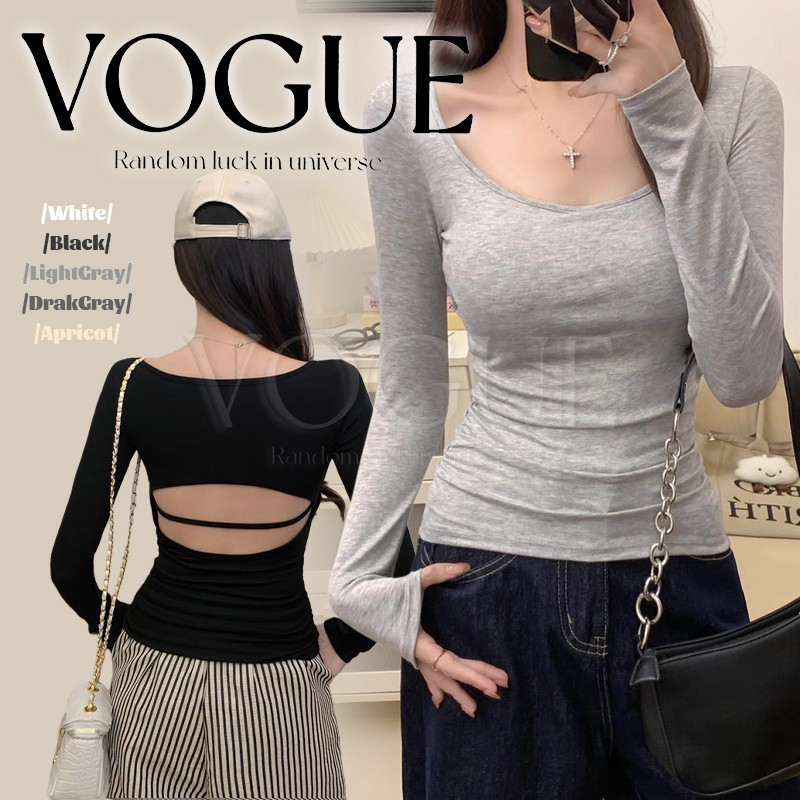 Vogue🌟พร้อมส่ง🌟 เสื้อยืดแขนยาวคอยู รัดรูป ดีเทลเว้าหลัง เวอร์ชั่นเกาหลีดูเพรียวขึ้น (FYA088)