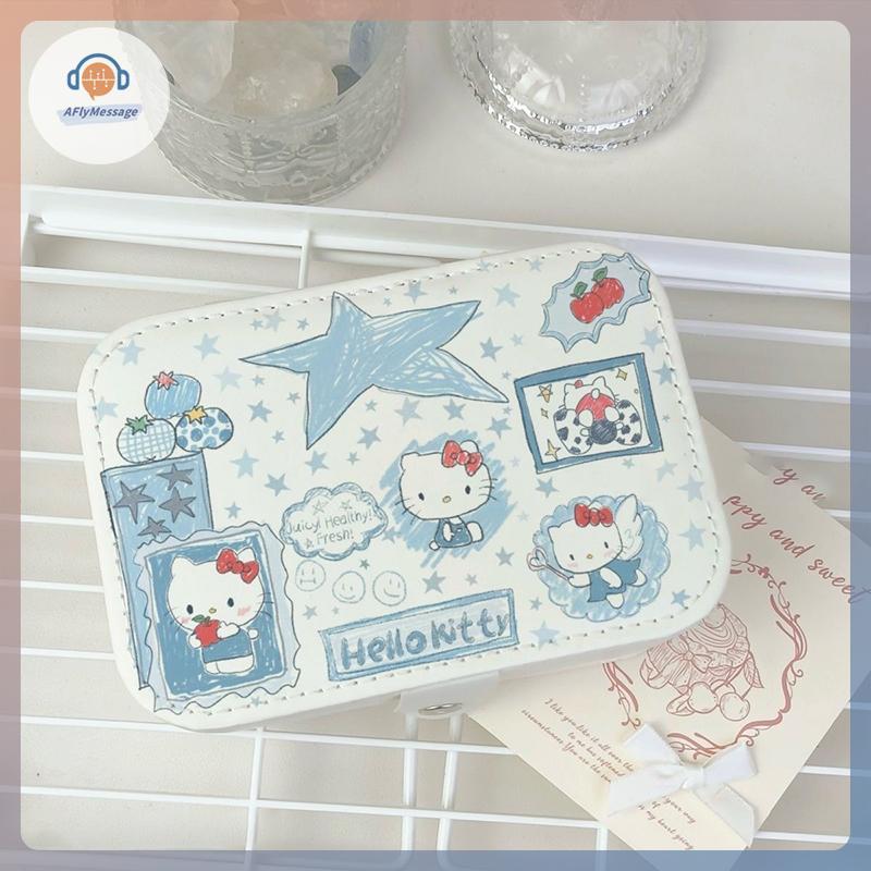 AFl Kawaii Hello Kitty กล่องเครื่องประดับต่างหูแบบพกพาสร้อยคอแหวนน่ารัก PU หนังกล่องเก็บ Mini Compac