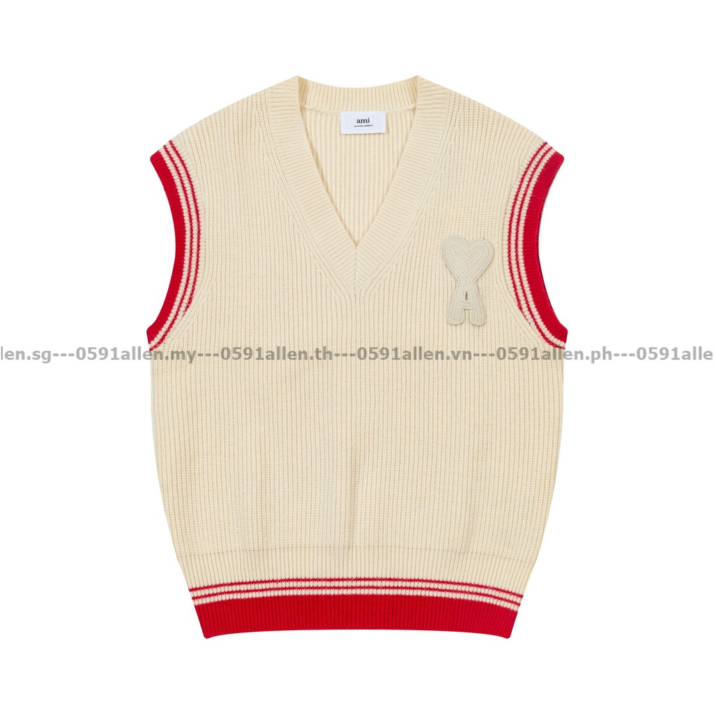 AMI PARIS เสื้อกั๊กกันหนาวสำหรับผู้ชายและผู้หญิง สีครีมและสีแดงเข้ม