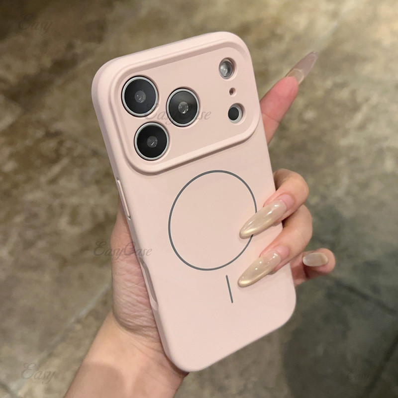 เคสซิลิโคนเหลวแบบนุ่มพร้อมปุ่มกล้องเคสโทรศัพท์แม่เหล็กสําหรับ iPhone 15 16 17 Pro Max 16 Plus 17 Pro สีชมพูเต็มรูปแบบกันกระแทก