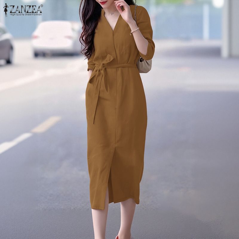 ZANZEA ชุดเดรสยาวสไตล์เกาหลีสำหรับผู้หญิง เหมาะสำหรับการทำงานในออฟฟิศ - รูปที่ 3