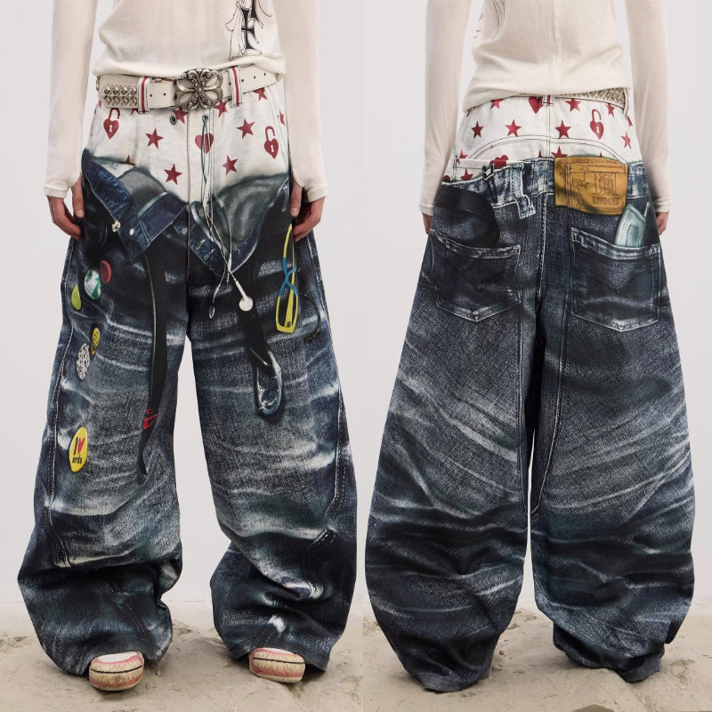 กางเกงยีนส์ผู้ชาย พิมพ์ลายกราฟฟิตี้ สไตล์สตรีท อเมริกัน สำหรับทุกคน