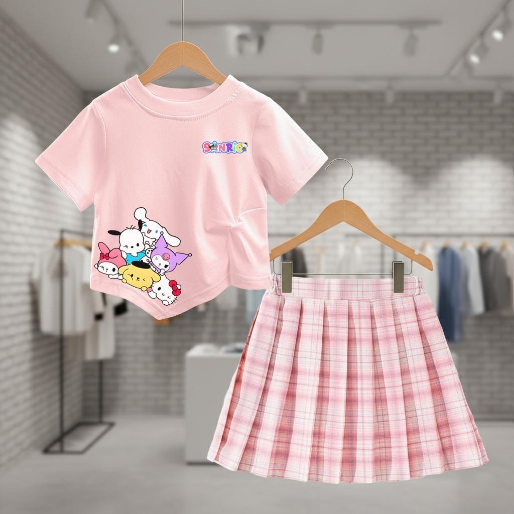 ชุดเซ็ทเด็กลายสุดฮิต เสื้อยืดแขนสั้น*กระโปรงอัดพลีท