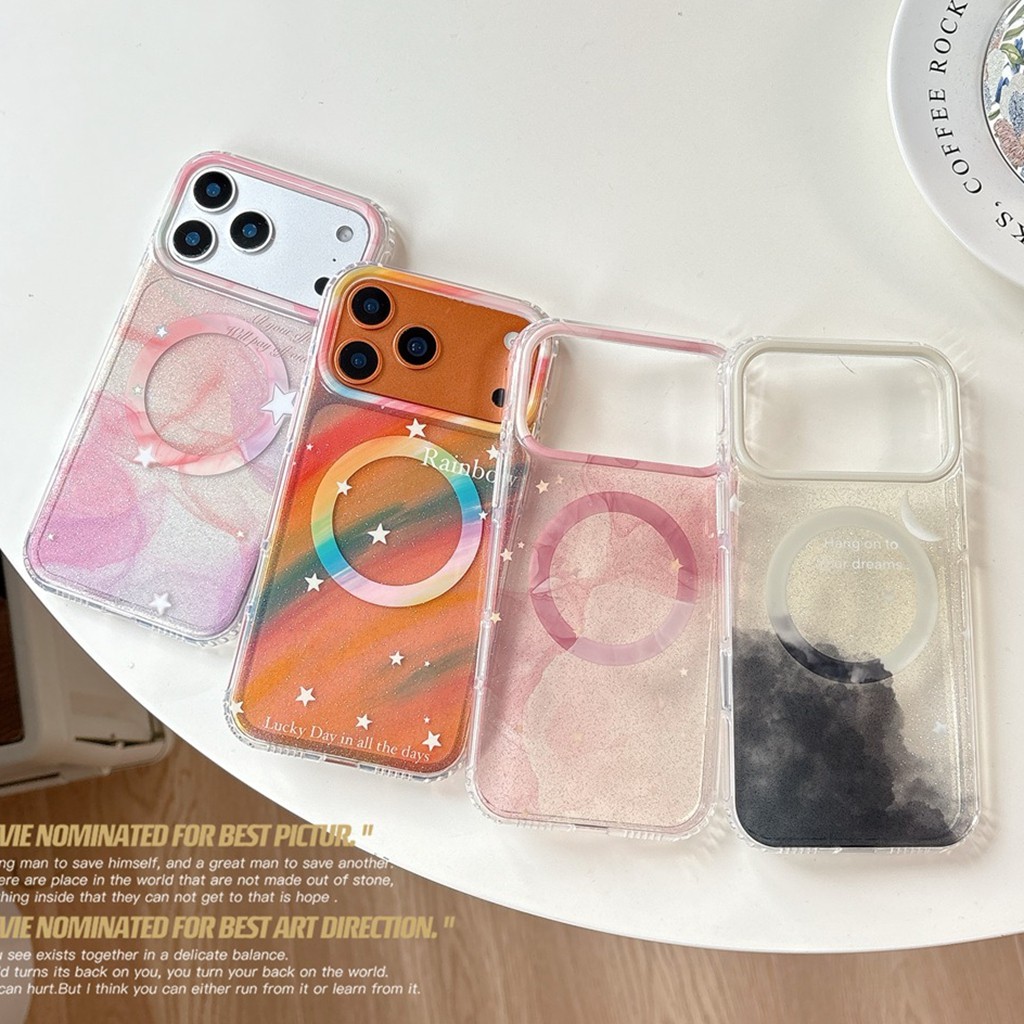 สําหรับ iPhone 17 16 Pro Max 14P 15 13 แฟนซี Shining Dying สี Rainbow พร้อมแม่เหล็กชาร์จไร้สายผู้หญิงแฟชั่น Soft TPU ป้องกันกรณี Dirt Resistance กันกระแทก Shell Cover