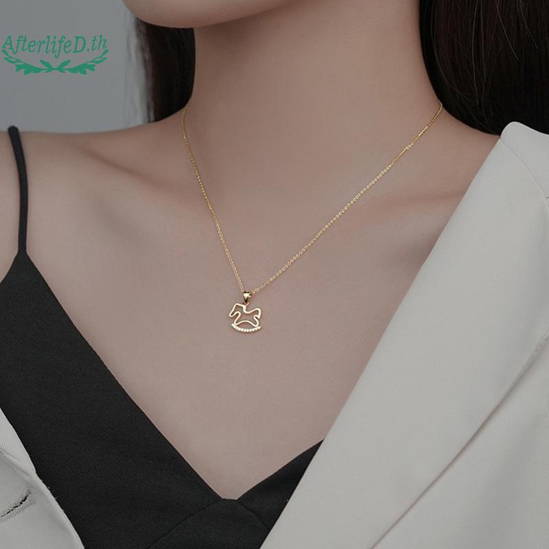 AF 1/2 ชิ้นแฟชั่นน่ารักเงา Zircon Hollowed-out ไม้สร้อยคอจี้ม้าสําหรับผู้หญิงสาว Collarbone Chain เค