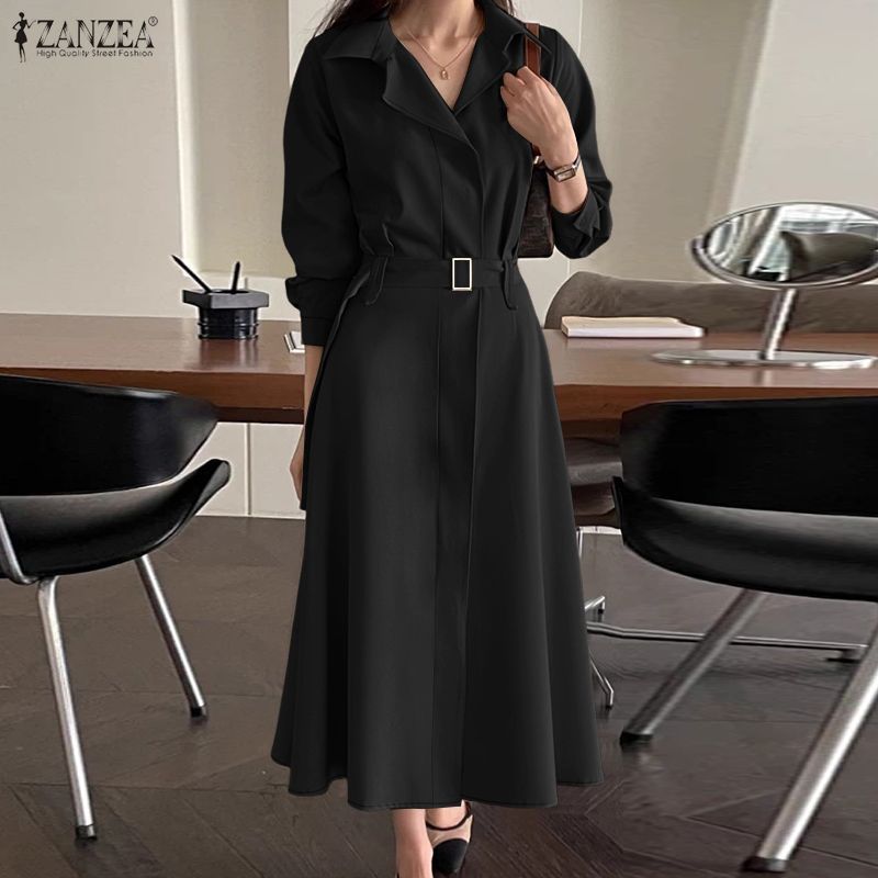 ZANZEA เดรสเชิ้ตแขนเข็มขัด สไตล์ Retro สำหรับฤดูใบไม้ร่วง — صورة 4