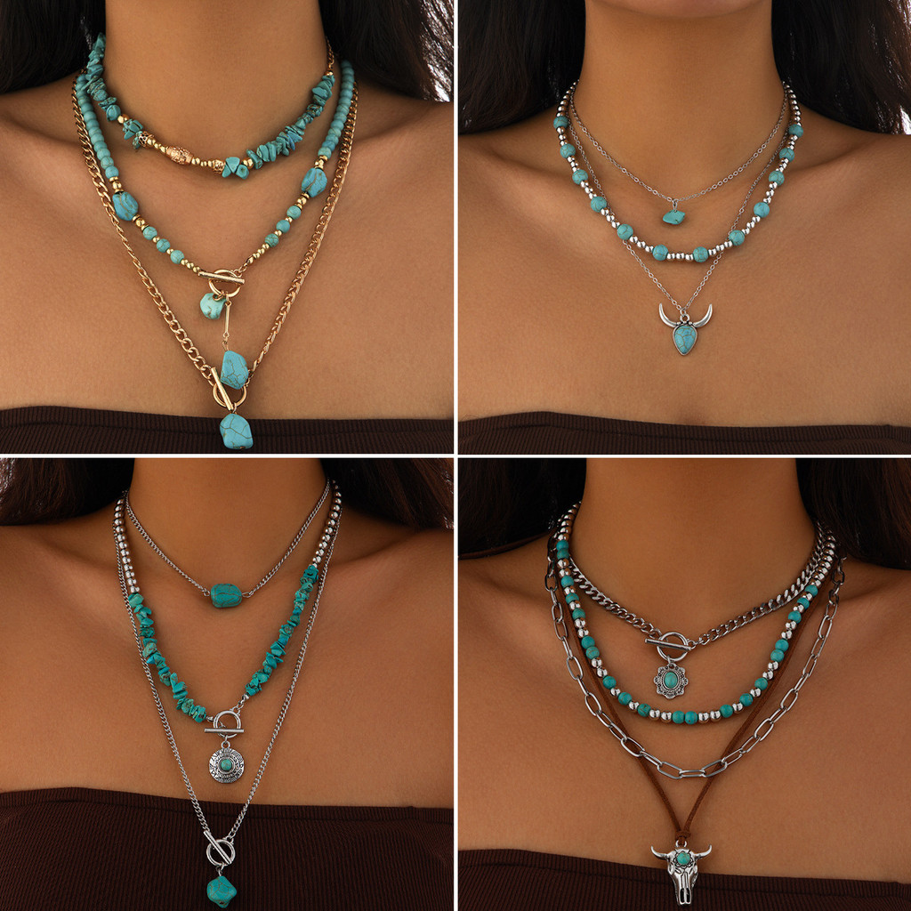 เครื่องประดับ Retro ลูกปัดเรขาคณิต Turquoise Clavicle Chain สไตล์ลําลอง Multi-Layer Bohemian สร้อยคอ