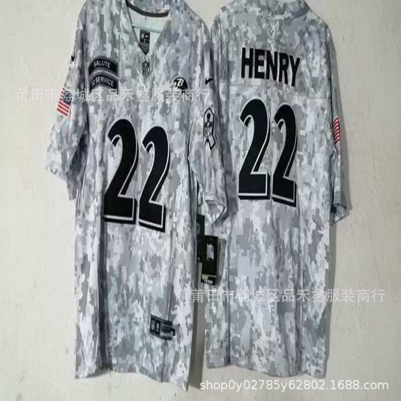 เสื้อรักบี้ NFL Ravens ลายพราง พร้อม JACKSON #8 และ HENRY #22 จัดส่งในวันเดียวกัน