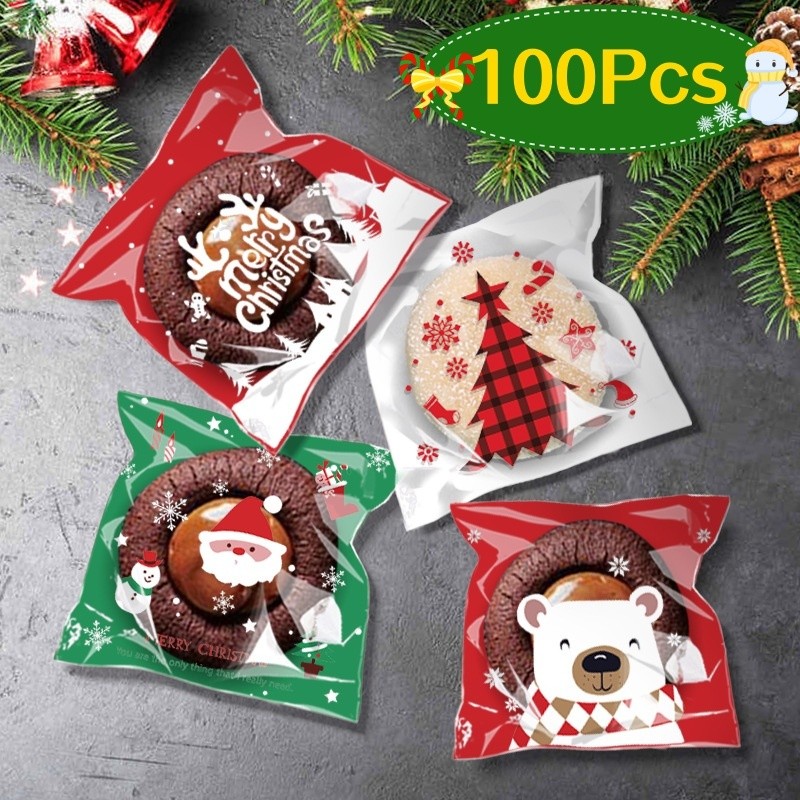 100 ชิ้น Christmas Series ถุงขนมพลาสติกใส – การ์ตูนคริสต์มาสรูปแบบพิมพ์บิสกิตขนมถุงบรรจุ
