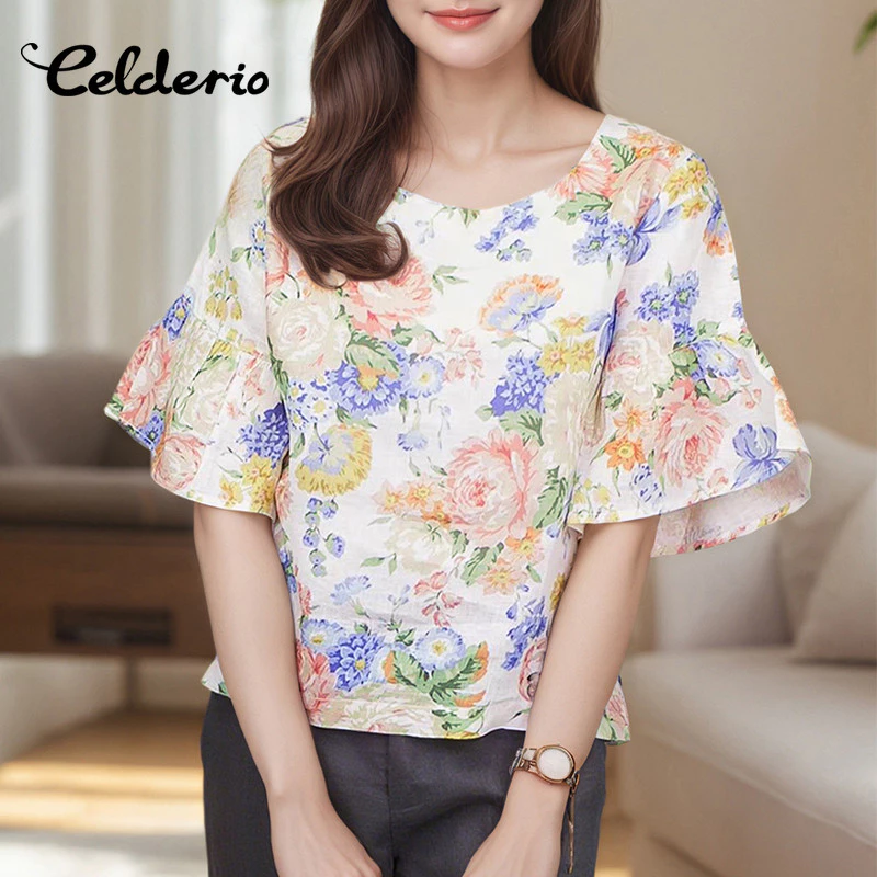 Celderio แฟชั่นผู้หญิง เสื้อลูกเรือครึ่งแขน พิมพ์ลายดอกไม้และระบาย สไตล์หรูหรา