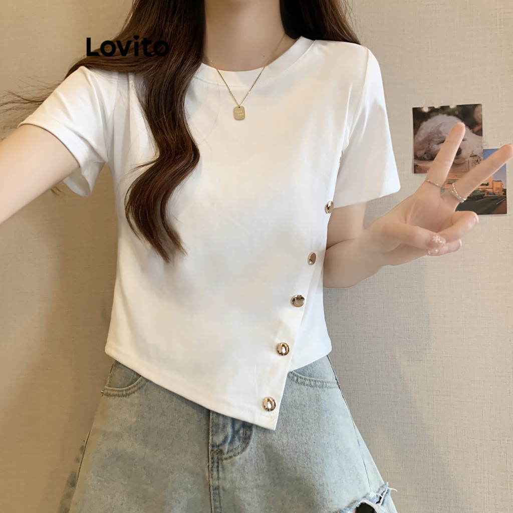 Lovito เสื้อยืดสาวอวบ แบบอสมมาตร สีพื้น สไตล์ลำลอง LNE43316