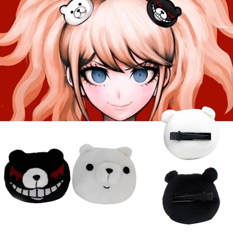 Danganronpa Trigger Happy Havoc อะนิเมะอุปกรณ์เสริม Enoshima Junko สีดําและสีขาวหมี Plush One Word H