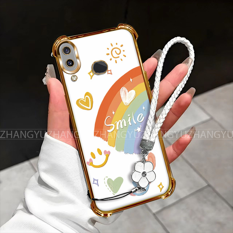 เหมาะสําหรับ Samsung A11 M11 A10S A20 A30 เคสโทรศัพท์ Rainbow Smile Anti Drop เชือกมือสี่มุมซิลิโคน TPU โปร่งใสนุ่ม 022