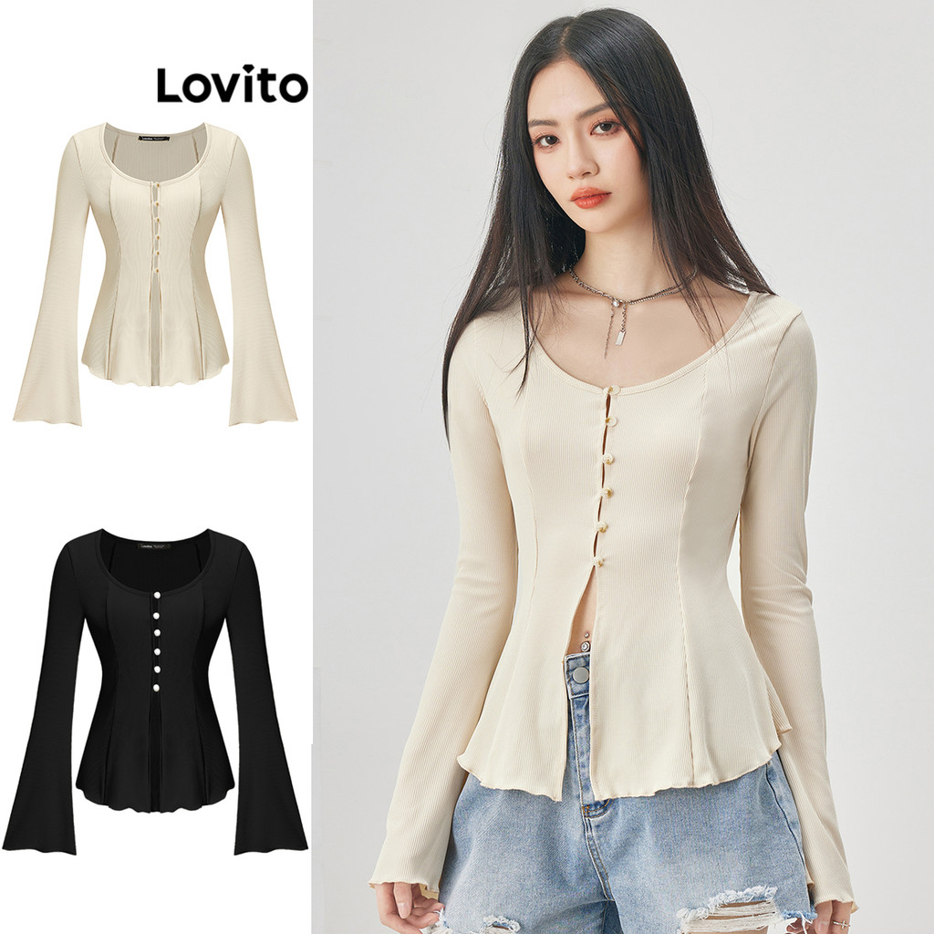 Lovito เสื้อยืดผู้หญิง ทรงลําลอง ดีไซน์รัดตัว กระดุมหน้า ทรงอสมมาตร สีพื้น รุ่น L52AD153