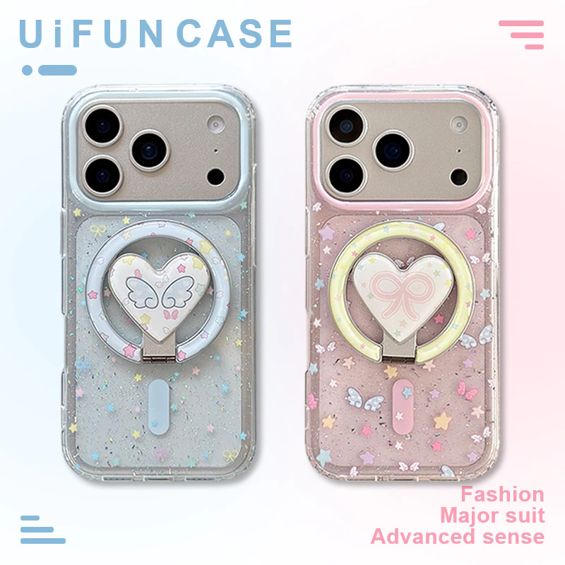 INS ผีเสื้อปมดาวปีกรูปหัวใจ Kickstand เคสโทรศัพท์แม่เหล็กสําหรับ iPhone 17 16 15 14 13 Pro Max 17Pro กันกระแทก IMD Glitter โทรศัพท์มือถือ