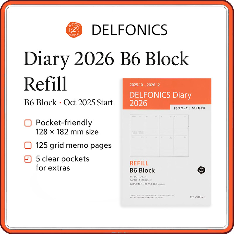 DELFONICS Rollbahn Diary Refill B6 – 2026 Planner (Oct 2025 Start, 15-Month) | Weekly Block