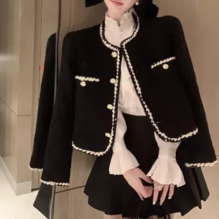 blazer ผู้หญิง เสื้อโค้ทผู้หญิง สีขาว ทวิต ชุดทํางาน ฝรั่งเศสย้อนยุค เสื้อแขนยาว เสื้อคลุม พร้อมส่ง