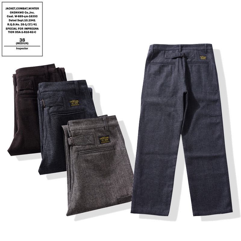 OKONKWO กางเกงวูลลายเส้นทางเรโทรสำหรับผู้ชาย หนามีหลากหลายกระเป๋า เหมาะสำหรับการทำงานและใส่ลำลอง