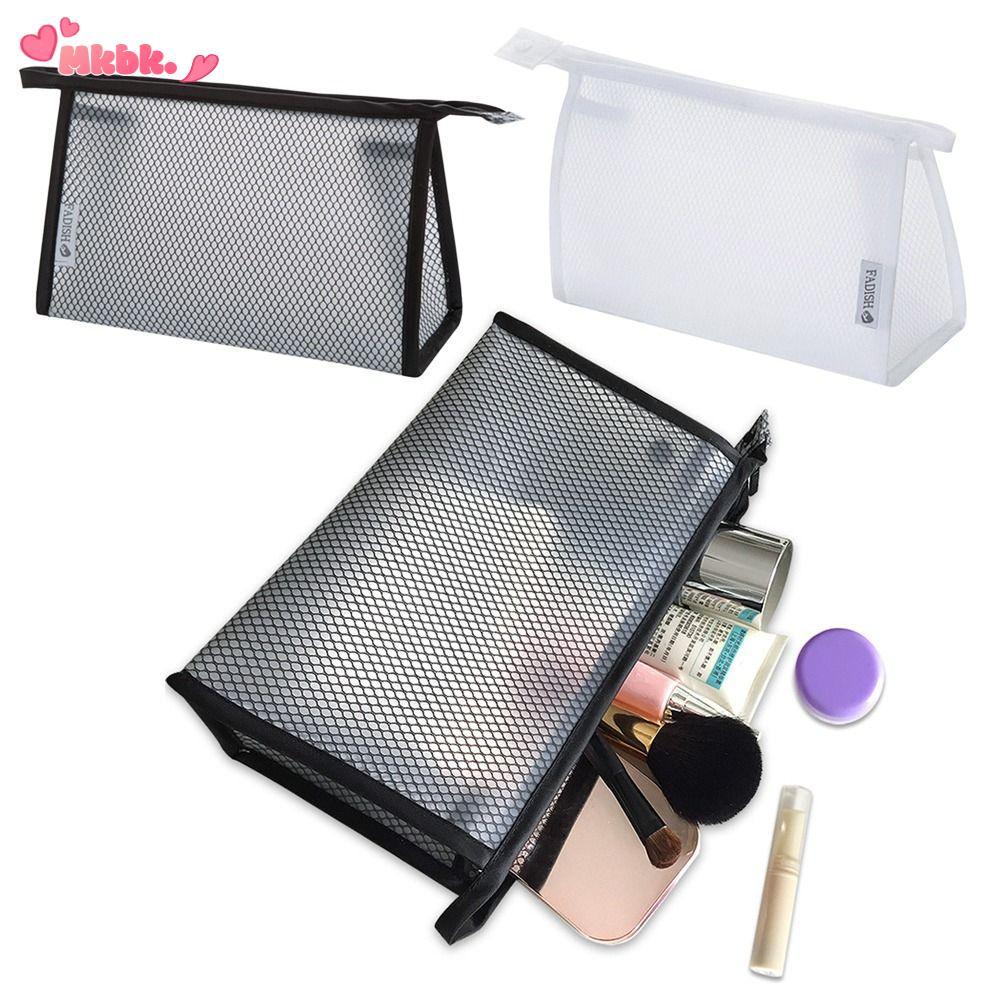 MKBK Makeup , กระเป๋าเครื่องสําอางซิปตาข่าย EVA, กระเป๋าเก็บความงามสีดํา/สีขาวกันน้ําแบบพกพาผู้หญิง