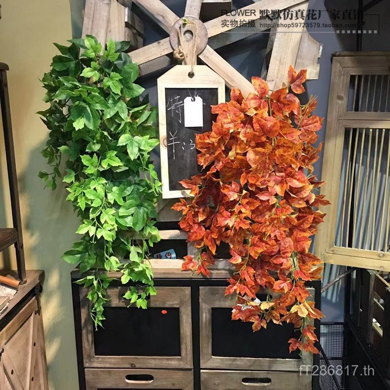 จําลองใบเมเปิ้ลเถาตกแต่งแขวนผนังรู้สึกหวายผนังแต่งงานพืชสีเขียวปีนกําแพงเสือฤดูใบไม้ร่วงสีแดง 2CPX