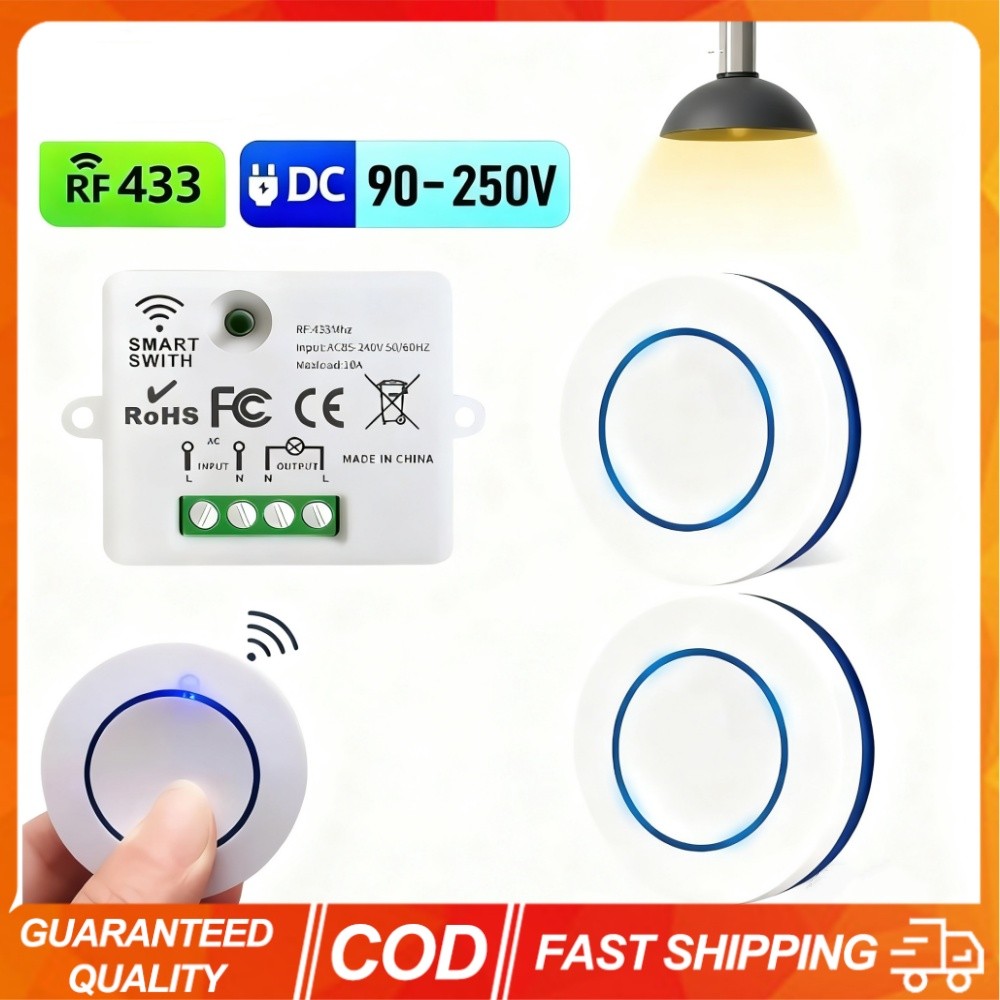 RF 433MHz รีโมทคอนโทรลไร้สายสวิตช์ไฟ 220V 110V 10A รีเลย์ตัวรับสัญญาณ Mini รอบปุ่มแผงผนังสําหรับหลอดไฟ LED