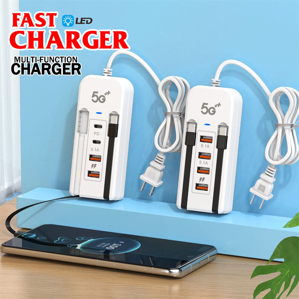 สถานีชาร์จ USB หลายพอร์ตพร้อมสาย iOS Type C สายชาร์จเครื่องชาร์จผนังชาร์จเร็วสําหรับ iOS Andorid โทร