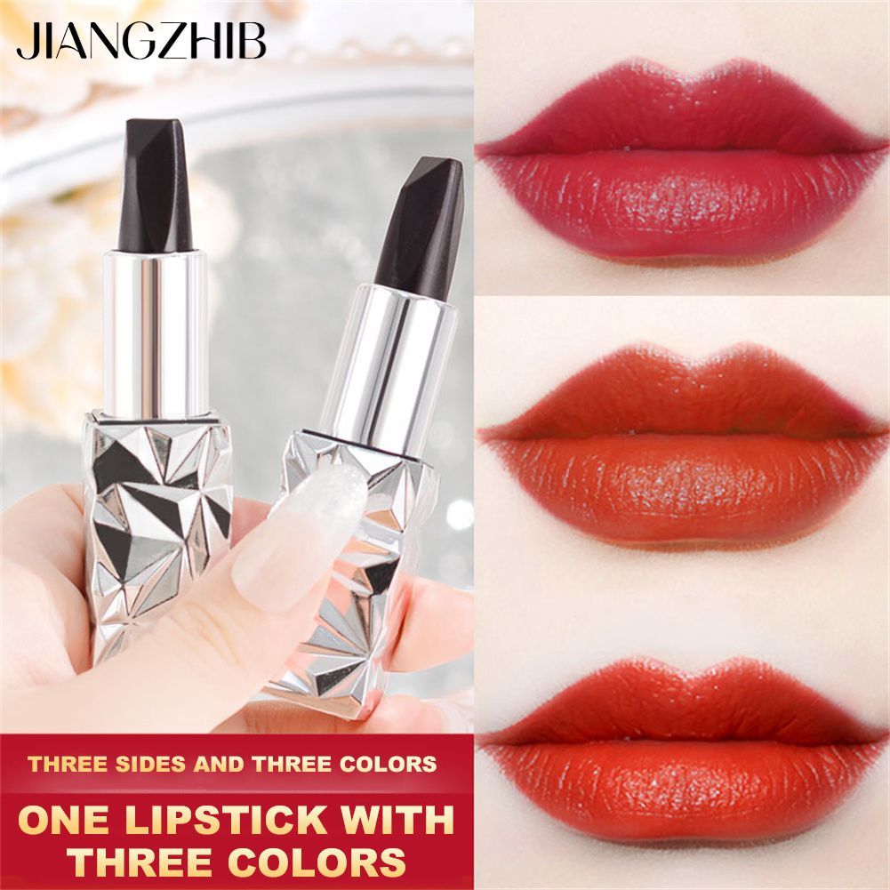 JIANGZHIB สินค้าคงคลังท้องถิ่นลิปสติกหนึ่งเปลี่ยนสีสามสี กันน้ํา ไม่เลอะ ชุ่มชื้นและไม่เหนียวเหนอะหน