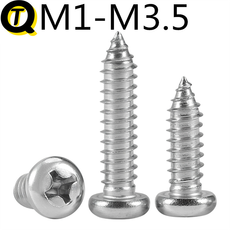 สกรูสแตนเลส 304 สกรูหัวกลม Phillips (คลังสินค้าพร้อม M1M1.2M1.7 M2M2.2 M2.6 M3M3.5) สกรูเกลียวปล่อยส