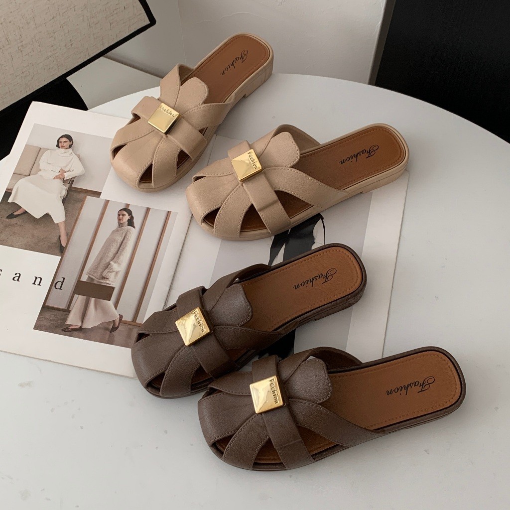 MUHANLU รองเท้าแตะผู้หญิง แฟชั่น ส้นแบน พื้นนุ่ม ฤดูร้อน ระบายอากาศ ใส่ไปข้างนอก แบบสวม กันลื่น BB024 - รูปที่ 3