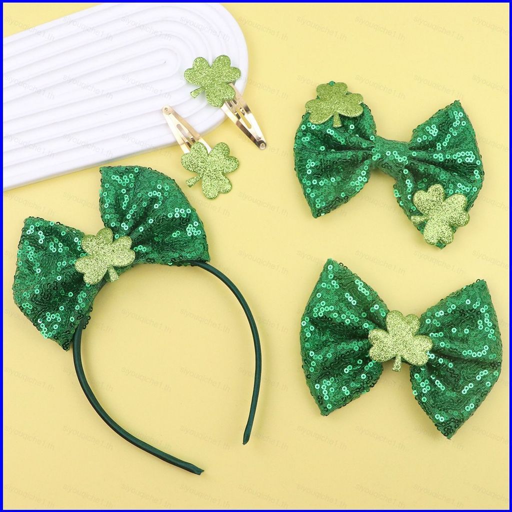 SY1 St Patricks Day bowknot hair hoop สีเขียวเลื่อม clover Ireland hairpin จระเข้คลิปเครื่องประดับ Y
