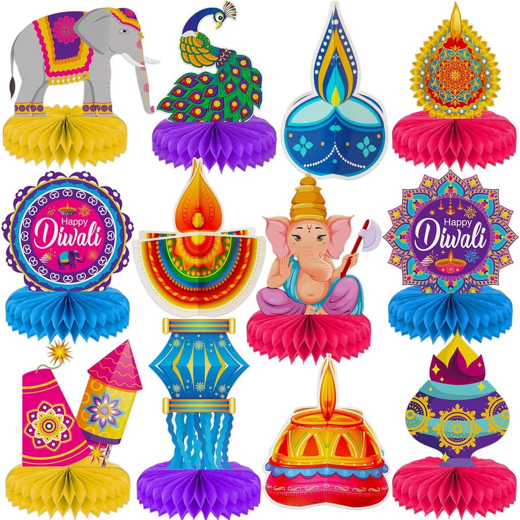 12 PCS Diwali Party ตกแต่งตาราง Toppers Happy Diwali รังผึ้ง Centerpieces Diwali รังผึ้งไฟ Party Hon