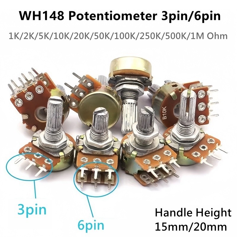 5 ชุด WH148 3/6 Pin Linear Taper Rotary Potentiometer Resistor 1K 2K 5K 10K 20K 50K 100KΩ 1M Ohm สํา