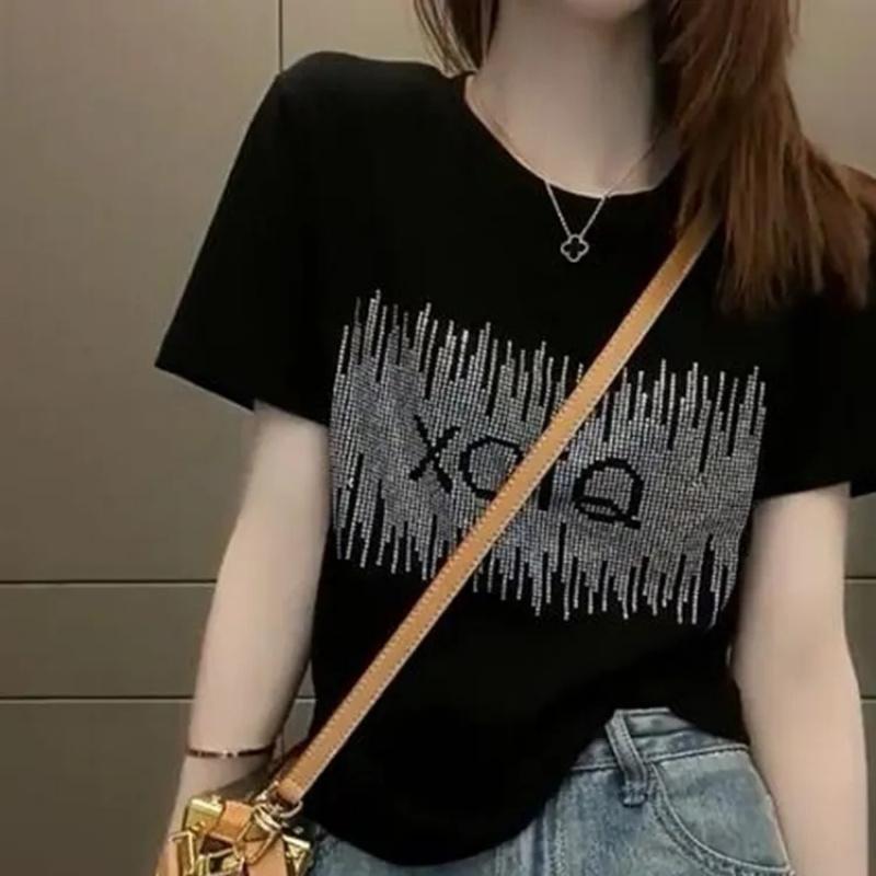 เสื้อยืดแขนสั้นสำหรับผู้หญิง ประดับพลอยเทียม ทรงสลิมฟิต เสื้อแฟชั่นสไตล์ฮ่องกงย้อนยุค ฤดูร้อน มาใหม่