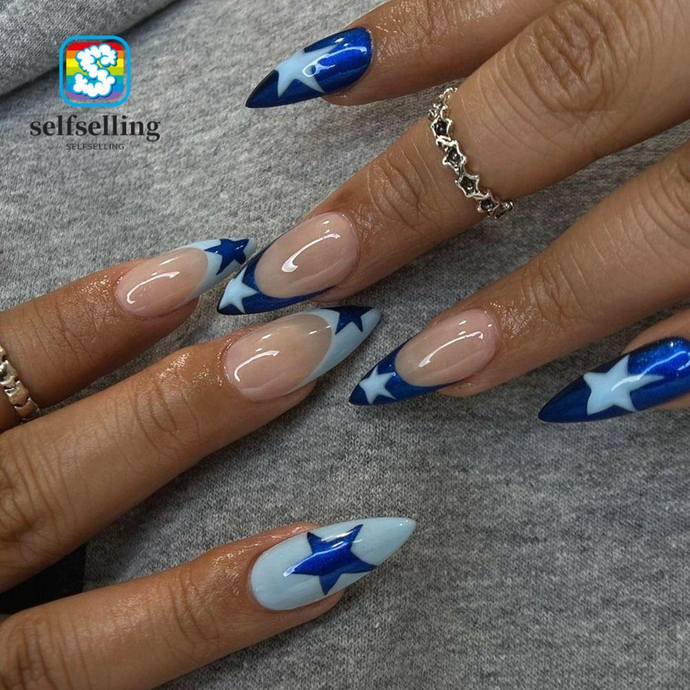 SELFS เล็บปลอม, Star Long Almond ปลอม Nials, Nail Leopard French Nail Tips DIY