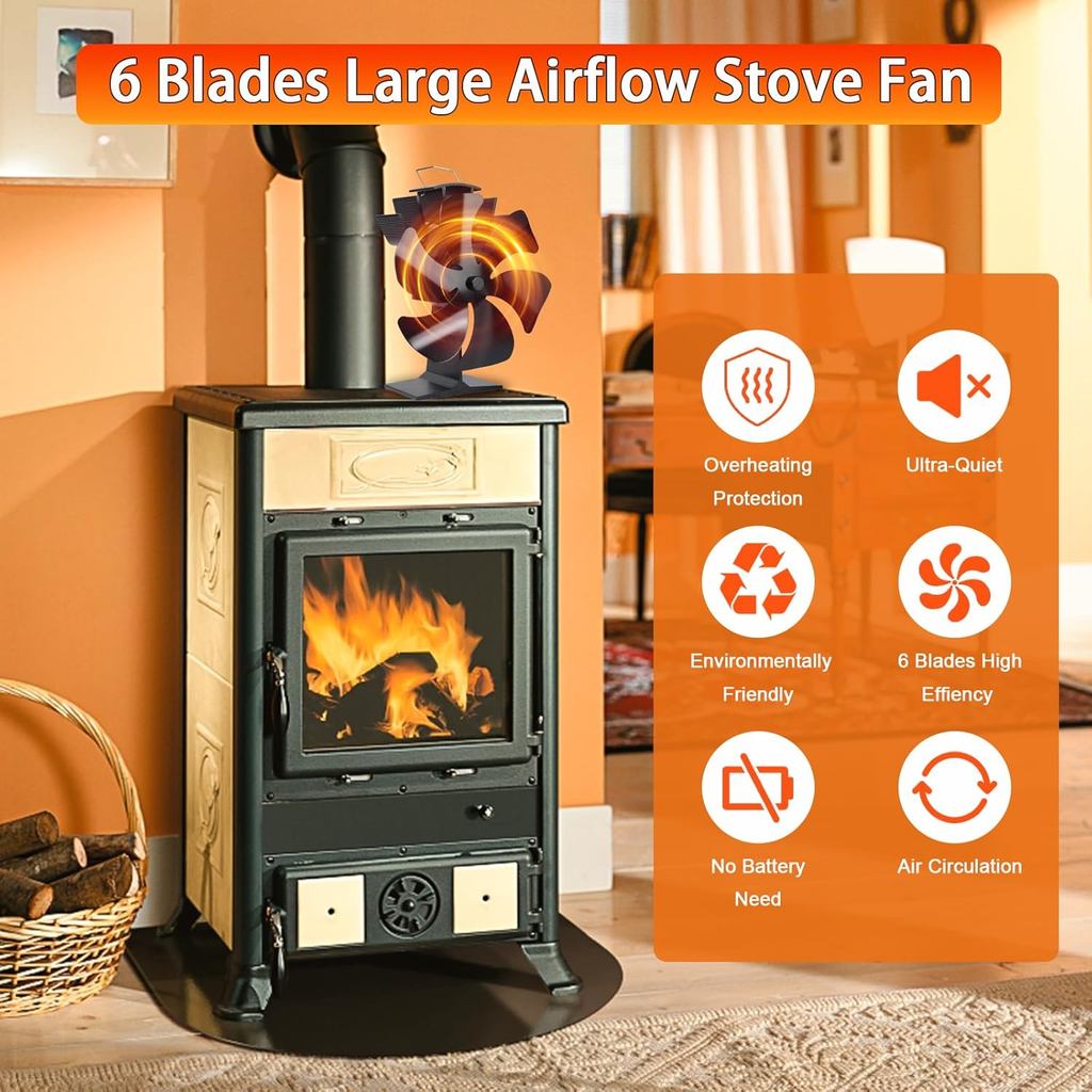Tomersun Wood Stove Fan Heat Powered Stove Fan Heater Fireplace Fan for/Pellet/Wood Burner/Fireplace