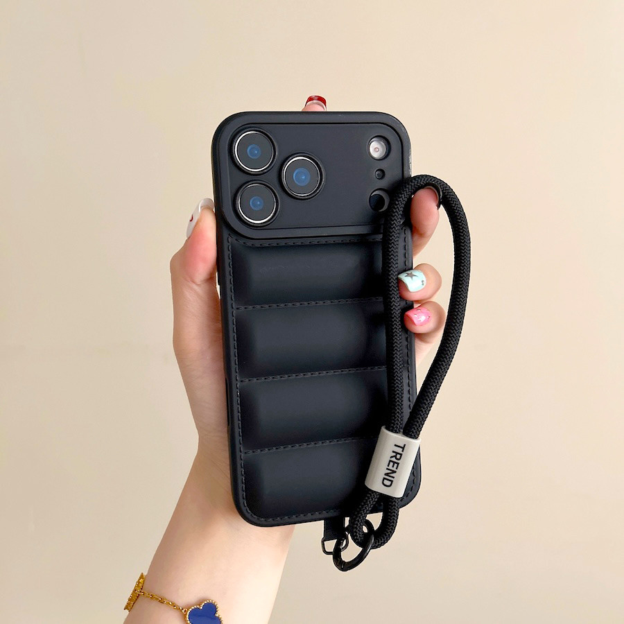 เคสโทรศัพท์พร้อมสายคล้องมือสําหรับ iPhone 17 Air 16E 16 15 14 13 12 11 Pro Max 15 Plus หรูหราสีทึบลงเสื้อแจ็คเก็ตปกป้องเชลล์
