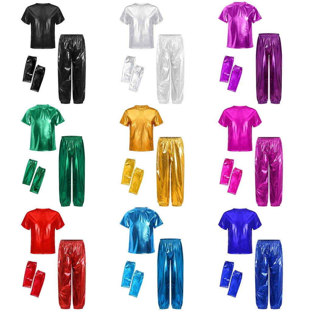 Yeahdor Unisex เด็กชายหญิงเต้นรําปาร์ตี้เครื่องแต่งกายแขนสั้นคอกลมโลหะเงาเสื้อยืดพร้อมกางเกงและถุงมื