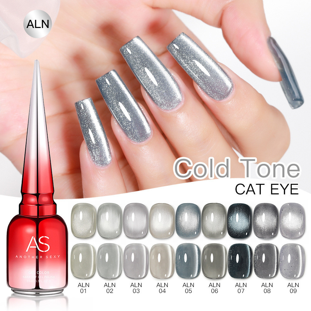 ASฝาแหลม สีเจลทาเล็บโทนเทาเงิน–ดำ ยาทาเล็บเจล สีลูกแก้ว แคทอาย Cold Tone Cat Eye Gel 9 เฉด (ALN) -NT nail